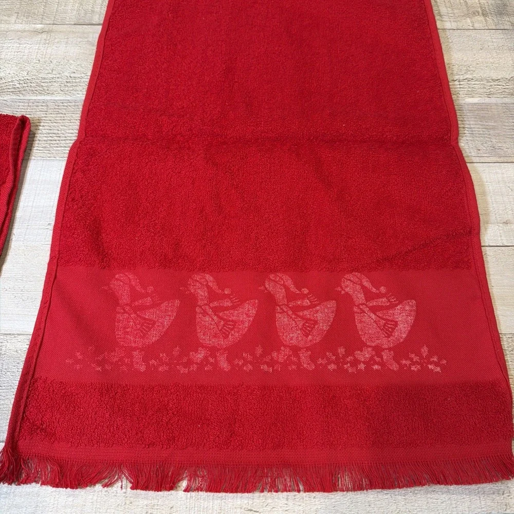 Vintage Christmas Goose Hand Towels NOS Cottagecore Holiday Fringe Set of 2